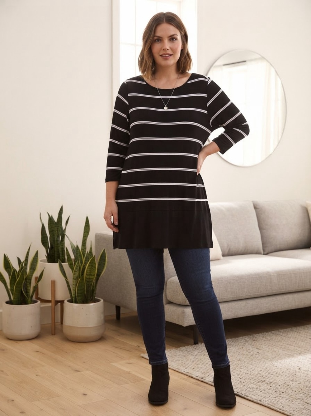 Take 50% OFF- Black & White Striped Women’s Tunic Dress, Size-XL